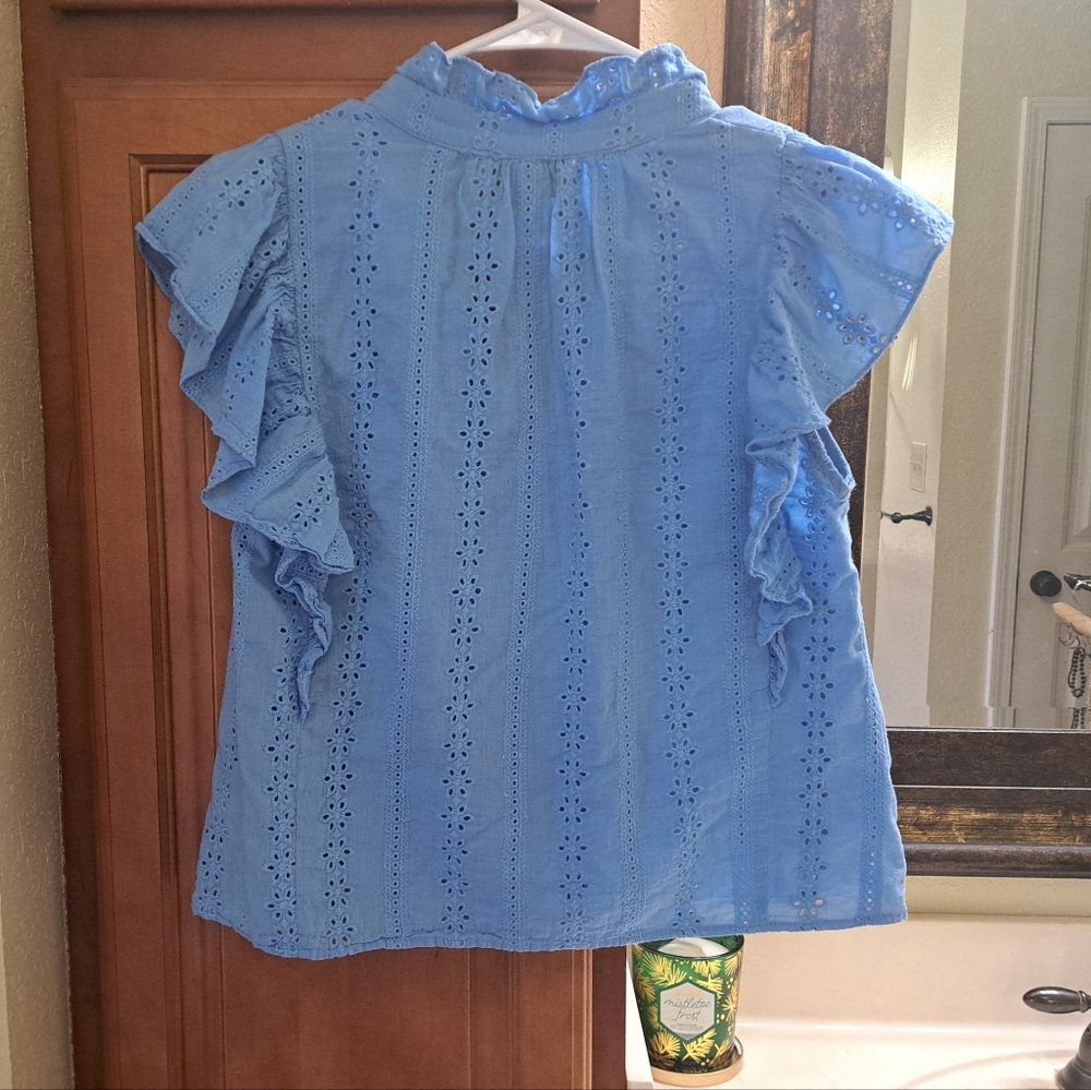 Pinch Blue Button Down Eyelet Flutter Sleeve Shirt Top Size Small - Picture 8 of 8